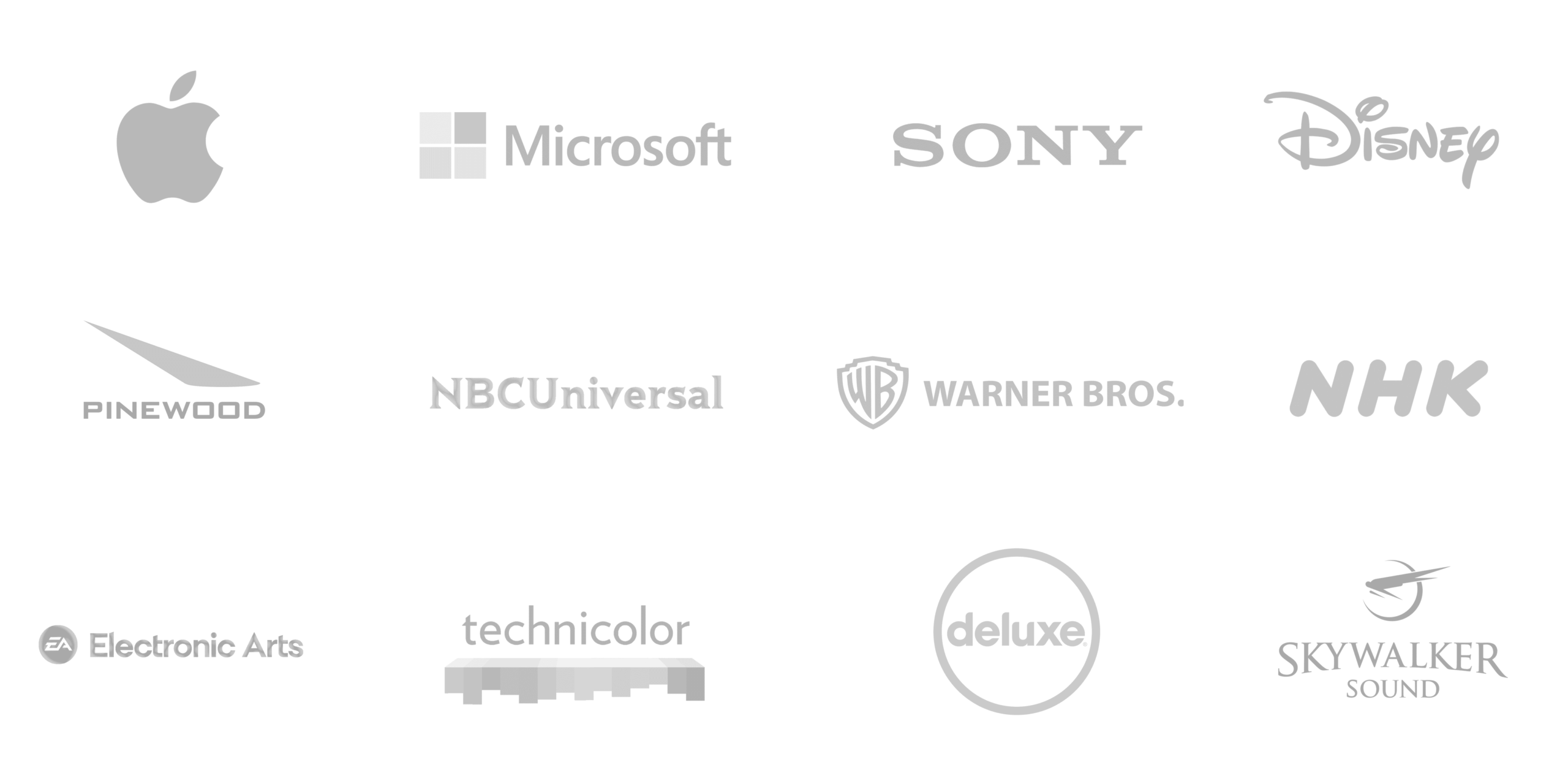 Our customers — Apple, Microsoft, Sony, Disney, Warner Bros, NHK, Skywalker Sound, Electronic Arts, Technicolor, and more